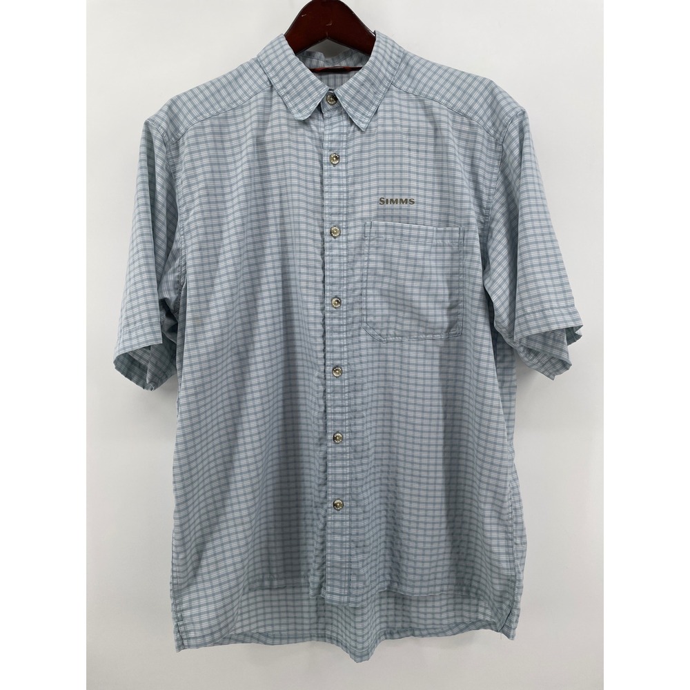 Simms Fishing Shirt Mens Large Blue Plaid Short Sleeve Button Performance *READ